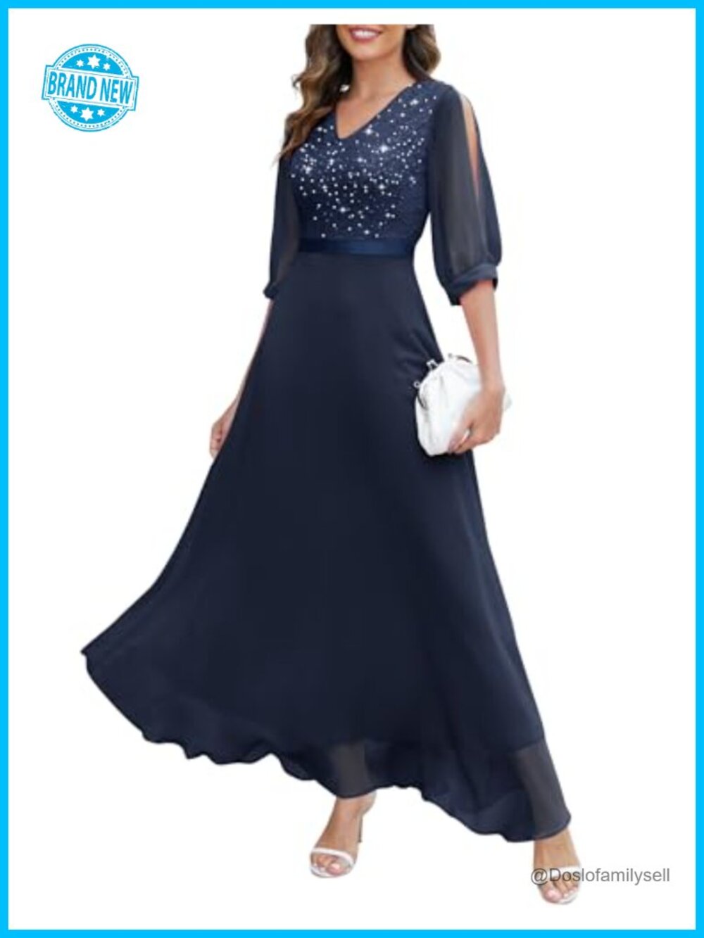 Sequin Lace Overlay Maxi Dress Split Sleeve V-Neck Formal Evening Gown